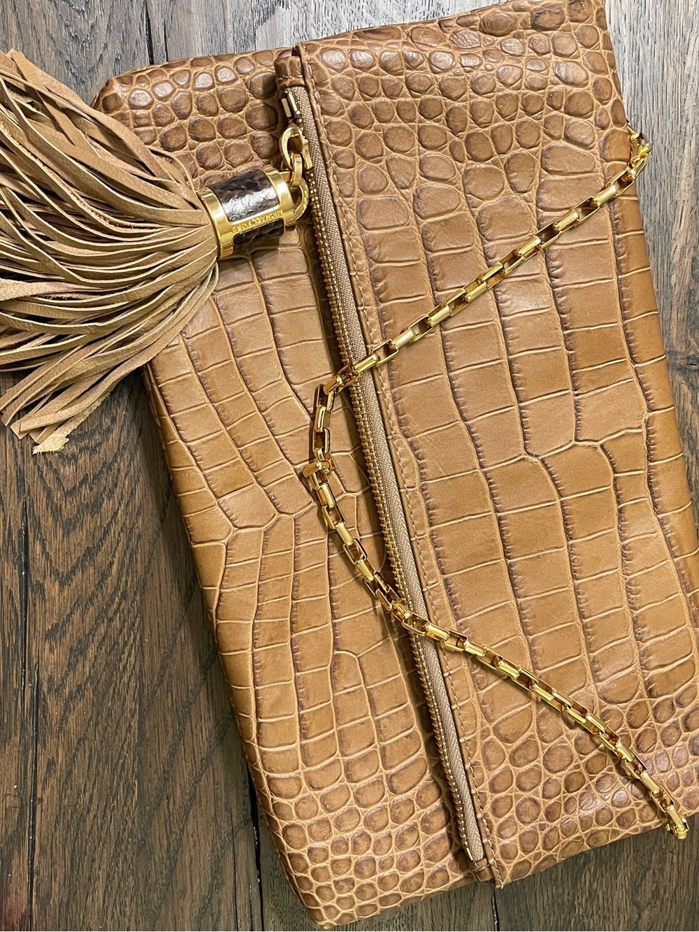 Michael Kors Tan Croc-Embossed Clutch with Gold Chain and Tassel